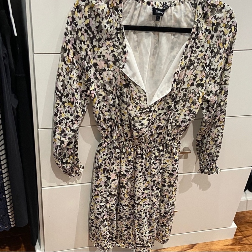 Theory Black and White Floral Long Sleeve Dress